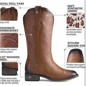 New Brown Cowgirl Cowboy Boots for Women Square Toe Mid Calf Western Boot Size 8